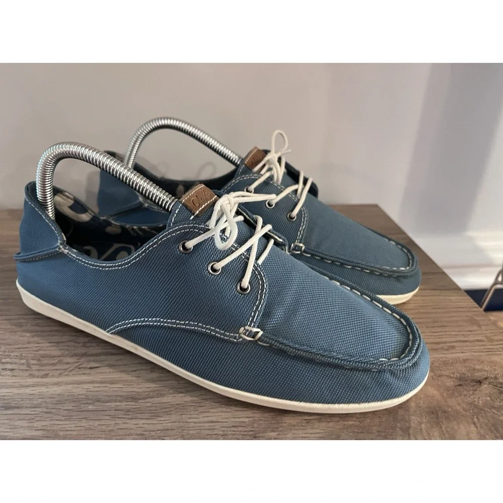 OluKai Women's 9 Heleuma Boat Shoes White Laces Blue Canvas W1